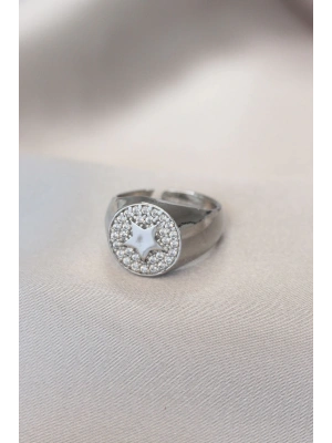 Gümüş Renk Zirkon Taşlı Plaka Yıldız Yüzük