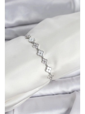Gümüş Renk Zirkon Taşlı Sıralı Yonca Model Asansörlü Kadın Bileklik