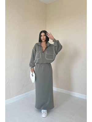 Haki Biyeli Sweatshirt Ve Etek Takım
