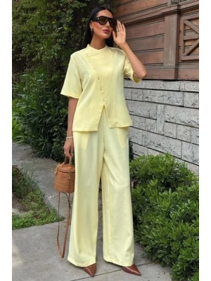 Hakim Yaka Çapraz Düğmeli Plazzo Pantolon Viscon Keten Takım 10209