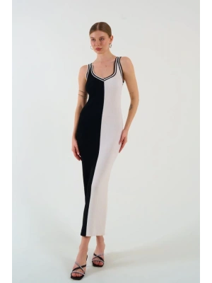 İki Renki Kolsuz Elbise - Siyah-Krem