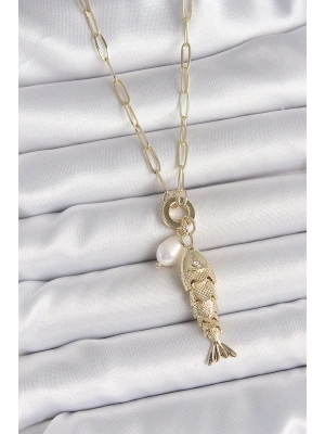 İnci Detaylı Zirkon Taşlı Balık Figürlü Gold Renk Pirinç Kolye