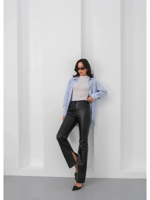 İspanyol yırtmaçlı paça deri pantolon siyah hn