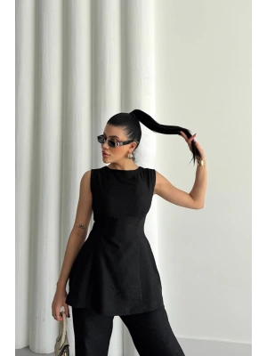 JAKAR KETEN KOLSUZ BLUZ-PANTOLON TK - Siyah