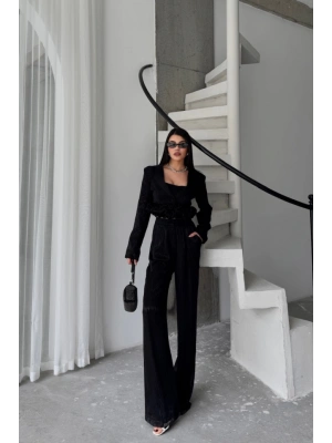 JAKARLI BLUZU TASARIM DETAYLI CEKET-PANTOLON-BLUZ 3 LÜ TAKIM - Siyah