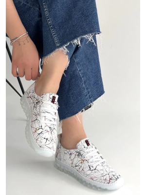 Jiten Beyaz Desenli Deri Bağcıklı Spor Ayakkabı