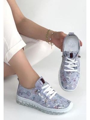 Jiten Lila Desenli Deri Bağcıklı Spor Ayakkabı