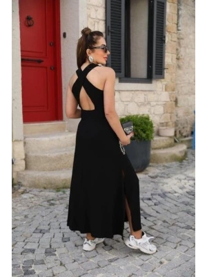 Kadın Arkadan çapraz Detay Yuvarlak Yaka Maksi Viskon Elbise