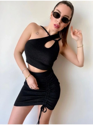 Kadın Asimetrik Yaka Detay Crop Ve Yüksek Bel Mini Etek Ikili Takim