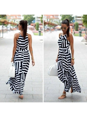 Kadın Askılı Belden Bağlamalı Geometrik Desen Krep Elbise