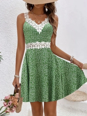 Kadın Askılı Dantel Yakalı çiçek Desenli Süprem Elbise