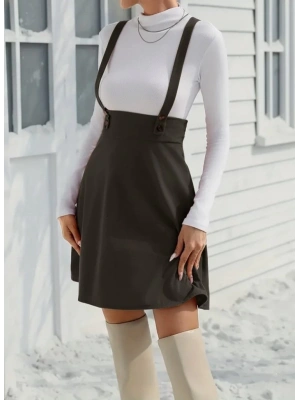 Kadın Askılı Düğmeli Mini Süet Elbise
