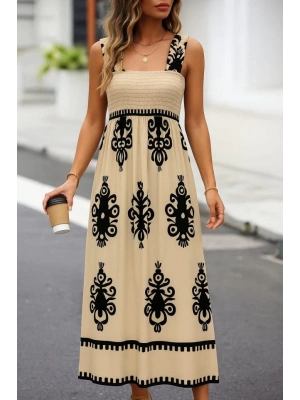 Kadın Askılı Kare Yaka Gipe Detaylı Desenli Suprem Elbise