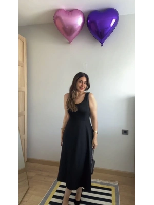 Kadın Askılı Kare Yaka Yırtmaçlı Midi Janjan Krep Elbise