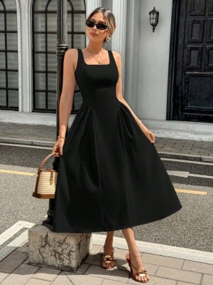 Kadın Askılı Kare Yakalı Uzun Ithal Krep Elbise