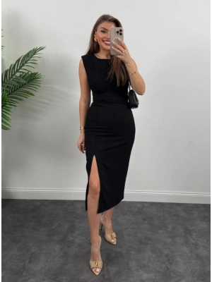 Kadın Askılı Kolsuz Belden Büzgülü Yırtmaçlı Midi Janjan Krep Elbise