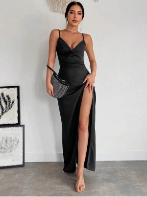 Kadın Askılı Kruvaze Yakalı Yırtmaçlı Krep Elbise