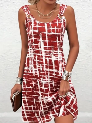 Kadın Askılı Kuş Gözü Detaylı Desenli Süprem Elbise