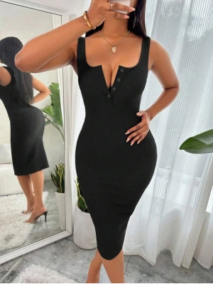 Kadın Askılı önü Düğmeli Midi Kaşkorse Elbise