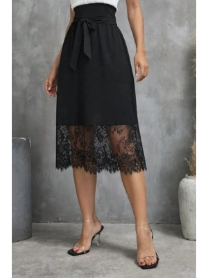 Kadın Askılı V Yakalı Dantelli Midi Viskon Elbise