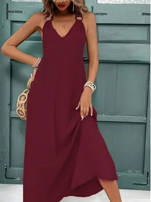 Kadın Askılı V Yakalı Halka Detaylı Maksi Boy Viskon Elbise