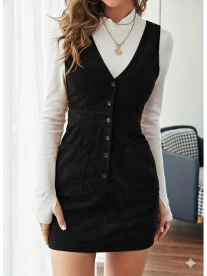 Kadın Askılı V Yakalı önden Düğmeli Mini Kalın Fitilli Kadife Elbise