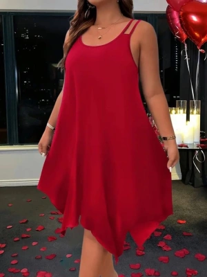 Kadın Askılı Yuvarlak Asimetrik Kesim Detaylı Viskon Elbise