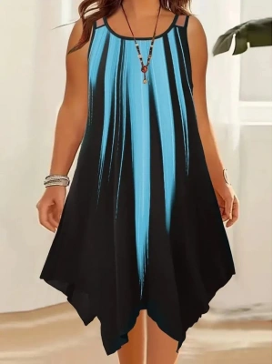 Kadın Askılı Yuvarlak Yaka Asimetrik Detaylı Desenli Süprem Elbise