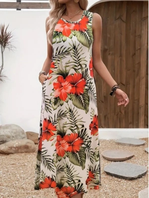 Kadın Askılı Yuvarlak Yaka Cepli Desenli Süprem Elbise