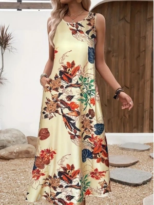 Kadın Askılı Yuvarlak Yaka Cepli Desenli Süprem Elbise