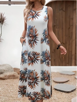 Kadın Askılı Yuvarlak Yaka Cepli Desenli Süprem Elbise