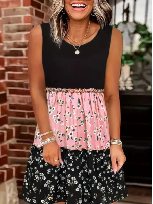 Kadın Askılı Yuvarlak Yaka çiçek Baskılı Salaş Süprem Elbise