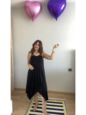 Kadın Askılı Yuvarlak Yaka Kuş Gözü Detaylı Asimetrik Viskon Elbise