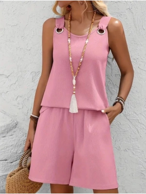 Kadın Askılı Yuvarlak Yaka Kuş Gözü Detaylı Bürümcük Bluz Ve Short Ikili Takım