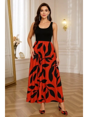 Kadın Askılı Yuvarlak Yaka üst Viskon Alt Desenli Uzun Süprem Elbise