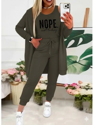 Kadın Askılı Yuvarlak Yaka Yazılı Viskon Iki Iplik Bluz Ceket Ve Pantolon 3lü Takım