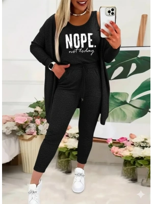 Kadın Askılı Yuvarlak Yaka Yazılı Viskon Iki Iplik Bluz Ceket Ve Pantolon 3lü Takım