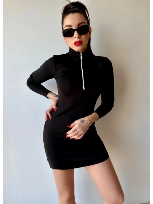 Kadın Balıkçı Yaka Fermuar Detay Mini Elbise