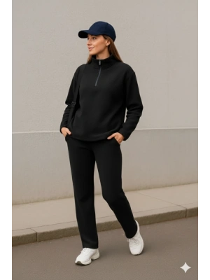 Kadın Balıkçı Yaka Fermuar Detay Polar Sweat Ve Pantolon Ikili Takım