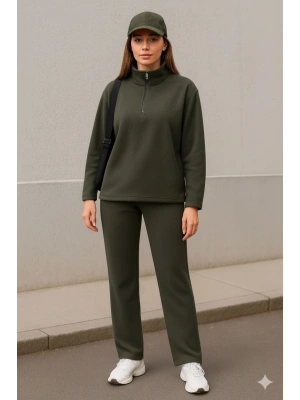 Kadın Balıkçı Yaka Fermuar Detay Polar Sweat Ve Pantolon Ikili Takım