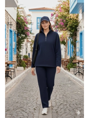 Kadın Balıkçı Yaka Fermuar Detay Polar Sweat Ve Pantolon Ikili Takım