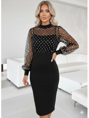 Kadın Balıkçı Yaka Puantiyeli Tül Detay Midi Boy Elbise