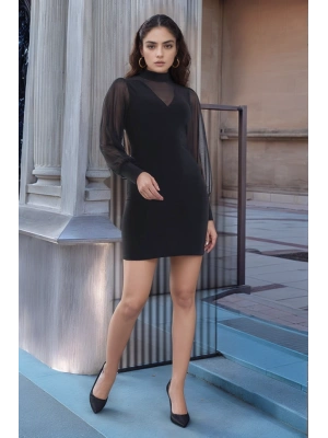 Kadın Balıkçı Yaka Transparan Detay Fırsat ürün Sandy Kumaş Mini Elbise