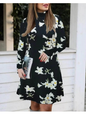 Kadın Balıkçı Yaka Uzun Kollu çiçek Desenli Krep Elbise