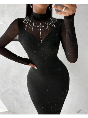 Kadın Balıkçı Yaka Uzun Kollu Rahat Param Ve Taş Detay Midi Boy Elbise