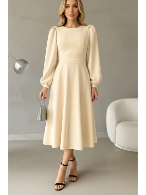 Kadın Balon Kol Midi Boy Bisiklet Yaka Krep Elbise