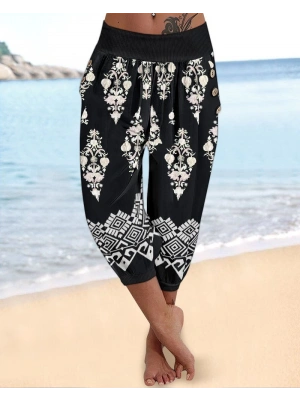Kadın Beli Lastikli Etnik Desenli Kapri Süprem Pantolon