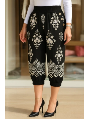 Kadın Beli Lastikli Etnik Desenli Kapri Süprem Pantolon