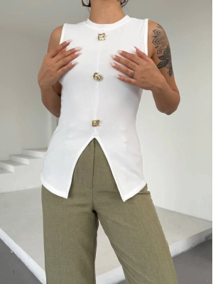 Kadın beyaz bisiklet yaka gold düğmeli ottoman bluz s2310