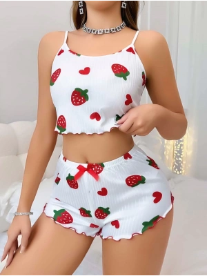 Kadın Beyaz Çilek desenli Şortlu Pijama Takımı 5053